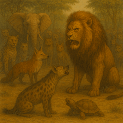 لم نرتب شيئا أيها الأسد الكاذب، لقد رأى الجميع السلحفاة وهي تطوي الأرض سرعة وتقهر الفهد!